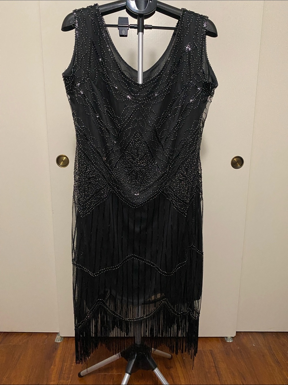 Black Beaded Fringe Evening Dress